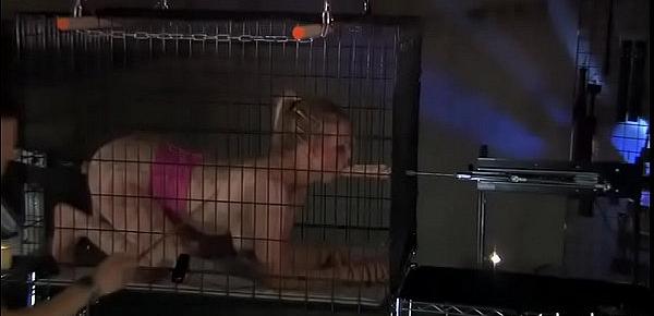  Caged Blonde Drilled By Duo Fuck Machines